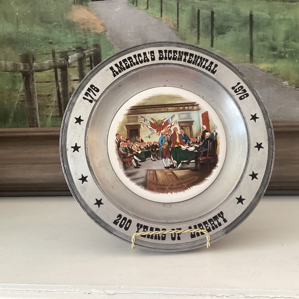 Vintage THE GREAT AMERICAN REVOLUTION 1776 Pewter Painted Tile Plate 10.5" Ohio
